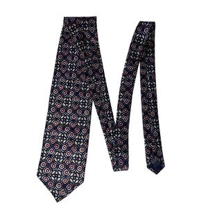 Bachrach Mens Silk Tie Navy Blue Burgundy Geometric Medallion‎ Made in Italy